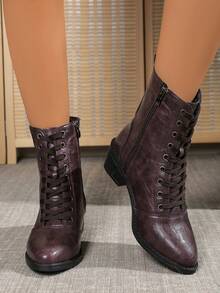 2025 秋冬 9 孔棕色一脚蹬靴，新款，尺码偏大半码，英式骑士靴，侧拉链，系带，粗跟，软底，时尚靴子，加大码，保暖，摩托车靴，纯色：棕色、紫色、浅棕色、黑色 - 紫色 - 查看 2