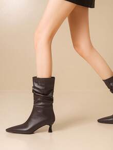 大码女士时尚高跟中筒靴，小猫跟细跟仙女风格，适合搭配外套和连衣裙，秋冬高跟鞋 - 鏽棕色 - 查看 2