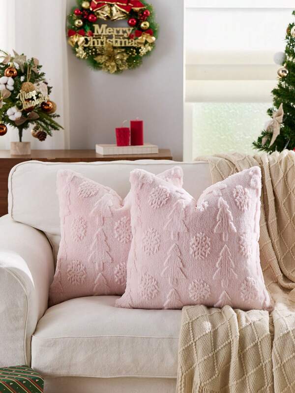 1pc Christmas Tree & Snowflake Decorative Throw Pillow Case, Soft Velvet Fabric On Reverse Side, Square Cushion Cover, Holiday Home Decor Pillow Sham, Comfortable Plush Material, Modern Decor For Sofa, Bedroom
