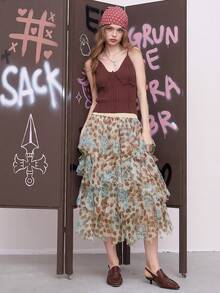 草莓涂鸦印花网眼不对称半身裙 - 彩色 - 查看 3