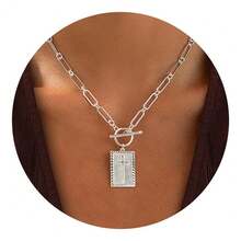 1 pieza Collar con colgante de cruz de oro y plata para mujer, collar con colgante de cruz rectangular con broche de palanca, collar con cadena de clip de papel delicado, regalo de joyería religiosa para la fe cristiana, , primera comunión, material de aleación de zinc - Etiqueta cruzada - Ver 17