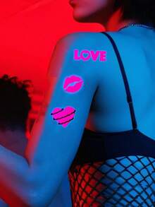 4 张夜光荧光爱心纹身贴，霓虹粉色心形临时防水纹身，持久，性感纹身贴，适用于男女身体化妆 - 玫紅色 - 查看 3