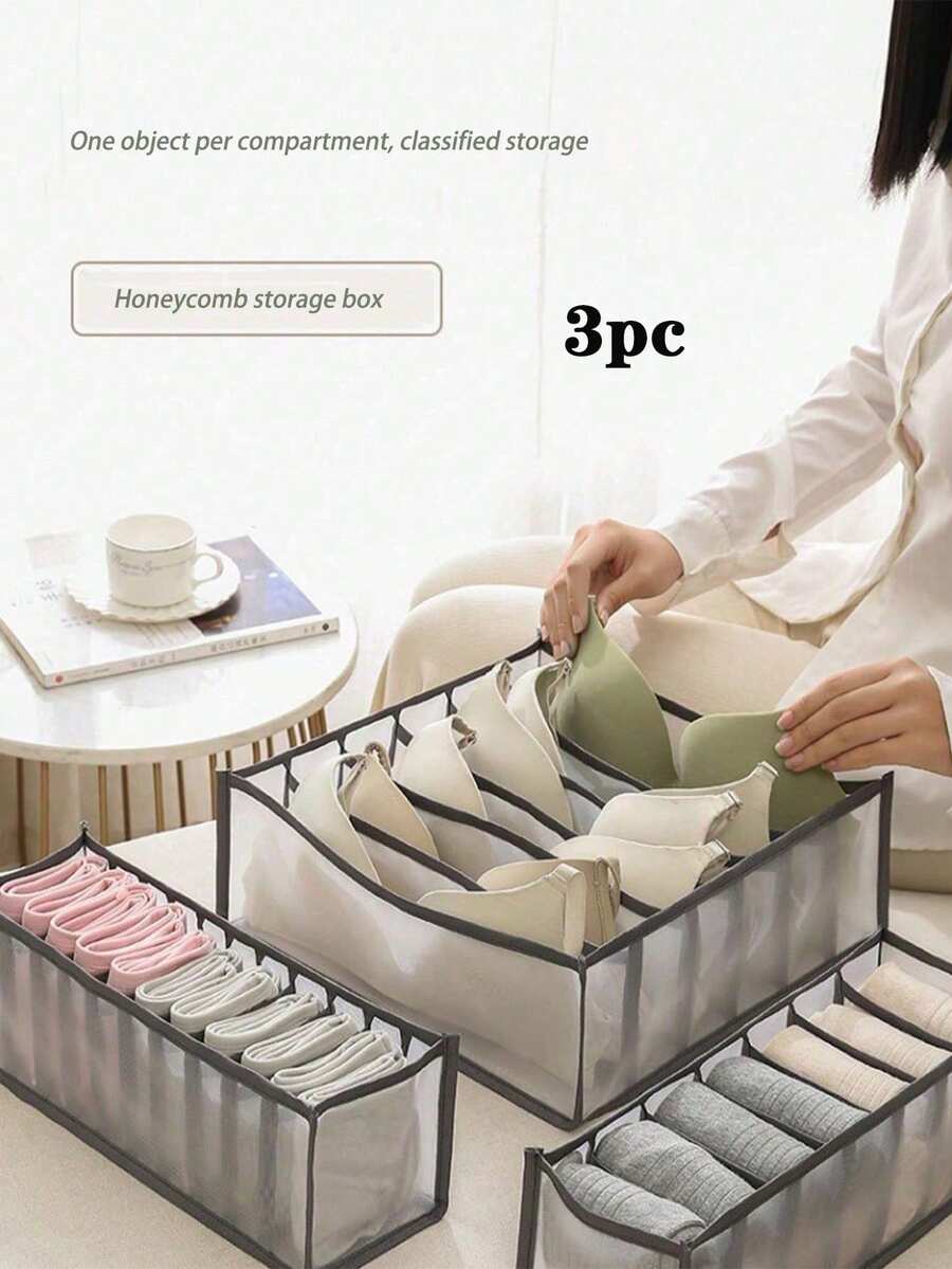 3pcs Bra Drawer Storage Bags, Underwear Drawer Organizer Boxes, Wardrobe Storage Boxes, Grid Drawer Organizers For Bras, Underwear, Socks,Room Decor - Multicolor - View 1