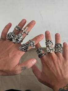 Bộ 13/20/21 chiếc nhẫn hình đầu lâu nhện phong cách Halloween cổ điển mới, nhẫn đeo đốt ngón tay phong cách punk retro, quà tặng ngày lễ, phụ kiện quyến rũ cho phong cách đường phố. - Màu Bạc Cổ - Xem 3