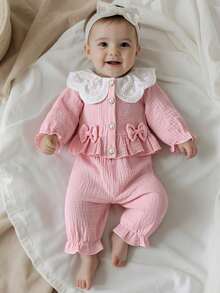 Baby Girl Fall Outfits Button Down Bows Ruffled Trim Doll Collar Long Sleeve Tops And Solid Pants 2 Pcs Set - 粉色 - 查看 9