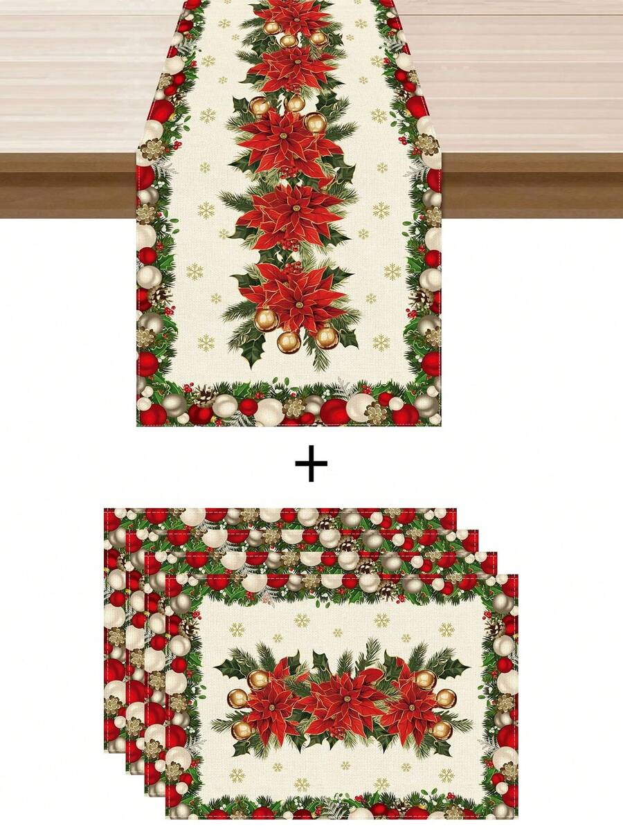 1 pieza/Set de 5 piezas Camino de mesa de Navidad con flor de Pascua, estilo moderno rústico, decoración perfecta para fiestas navideñas, decoración del hogar y cocina, para interiores y exteriores