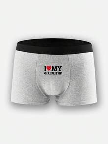 1-Piece Set Of Gray Men's Boxer Briefs With "I LOVE MY GIRLFRIEND" Letters And Red Heart Prints, Breathable, Comfortable And Skin-Friendly Close-Fitting Underwear, Practical And Stylish, Suitable For Valentine's Day Gifting
