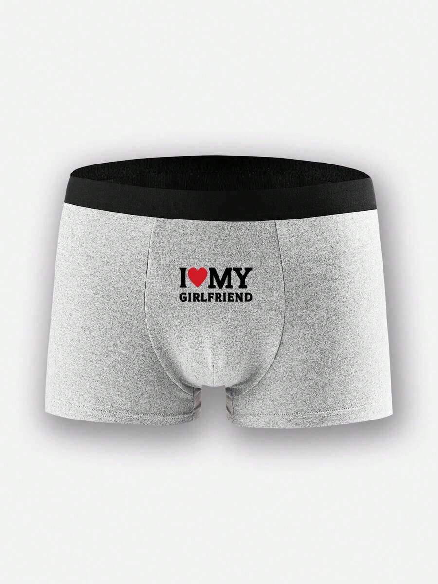 1-Piece Set Of Gray Men's Boxer Briefs With "I LOVE MY GIRLFRIEND" Letters And Red Heart Prints, Breathable, Comfortable And Skin-Friendly Close-Fitting Underwear, Practical And Stylish, Suitable For Valentine's Day Gifting