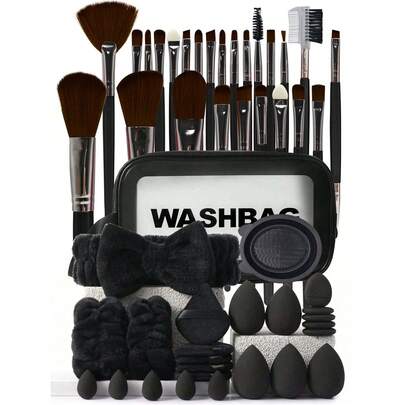 50 件黑色专业化妆刷套装，混合化妆美容工具，包括：25 件化妆刷、1 个化妆包、5 个美妆蛋、5 个粉扑、5 个迷你美妆蛋、5 个迷你手指粉扑、1 个头带、2 个腕带、1 个清洁工具、基本化妆刷、化妆、便宜、房间装饰、梳妆台、旅行、卧室、化妆配件、粉扑、化妆搅拌器、粉扑、化妆海绵