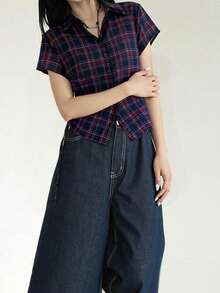 2025 Women's Fashionable Plaid Casual Shirt, Summer - Navy Blue - View 3