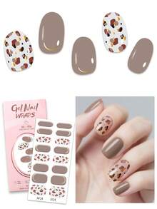 16pcs Mocha Mousse Semi-Cured Gel Nail Stickers, Autumn Bronze Polka Dot Gel Nail Full Stickers, Easy Nail Art, Salon Quality, Women DIY Home Nail Stickers Nails Nail Supplies - Coffee Brown - View 2
