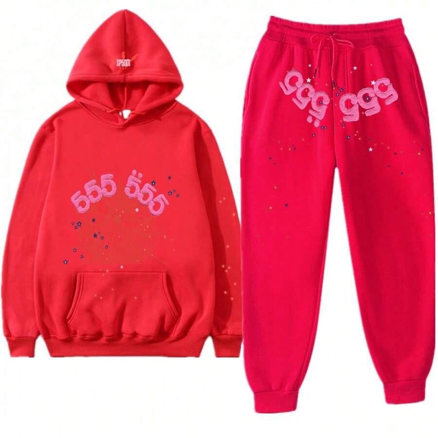 American Hip-Hop Singer Letter Print Couple Sweatshirt Unisex Hoodie Set Black Casual Wear Vacation Wear Streetwear Fabric - Y紅色紅網555 - 查看 1