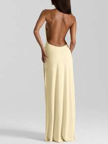 Women Solid Backless Spaghetti Strap Side Slit Deep V Neck Long Sexy Party Dress Evening Birthday Dress - Yellow - View 4