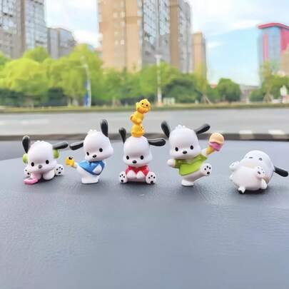 Sanrio 5pcs Sanrio Pochacco Figurines, Cute Desk/Car/Cake Decor, Posable Plush Toys, Lovely Back To School Gifts, Suitable For 14+ Years Old, Holiday Party, Birthday, Festival Cartoon Favors, Great For Halloween And Christmas