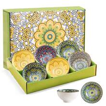 6pcs Premium Ceramic Bowl 10 Oz, Bohemian Style Housewarming Gift Ceramic Bowl Set, 10oz Capacity, Floral Pattern - Perfect Gift For Kitchen & Dining, Multi-Appliance Approved For Microwave, Oven, Freezer & Dishwasher – Vibrant Kitchen Tableware For Cereal, Soup, Salads, Desserts & Snacks - màu xanh lá cây nhạt - Xem 3