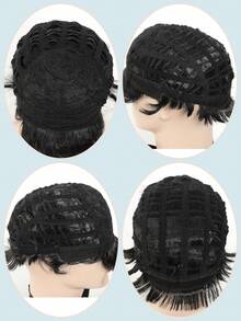 Modische kurze geschichtete strukturierte Herrenperücke mit Pony, natürliches Schwarz, geeignet für täglichen Halloweenkostümgebrauch