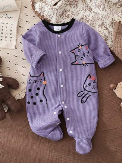 1pc Newborn Baby Girls Cute Cat Print Long Sleeve Footed Jumpsuit, Comfortable Daily Outfit