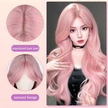 26-28 Inch Long Curly Sakura Pink Wig – Full-Cap Synthetic Fiber Rose Net Wig With Lolita-Style Side-Swept Bangs & Large Waves For A Youthful Vibe, Suitable For Halloween And Other Festive Occasions - 淺粉色 - 查看 3