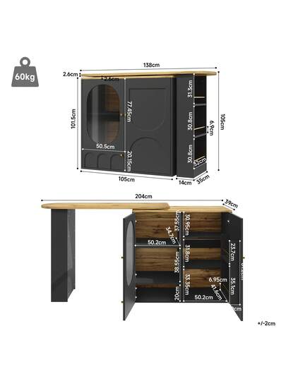 Sairedel Wit 360° Rotating Bar Tafel Storage Space Kitchen Isl 138x39x102cm Doors, Door Shelves Removable Dividers, As Dining Counter view 6