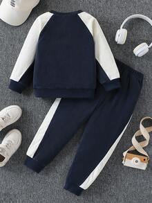 2pcs/Set Young Boy Casual Plush Patchwork Shoulder Crew Neck Sweatshirt And Pants Set, Comfortable For Leisure, Sports, Daily Wear, School, Outdoor, Suitable For Autumn/Winter