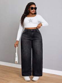 Elegant Straight Leg High Waist Black Jeans Daily Casual Outfit For Plus Size Women Wide Leg Affordable Denim Long Pants