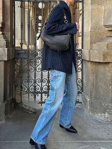 女士条纹西装外套，中式立领长袖，时尚宽松假口袋，编织条纹面料，优雅日常穿着 - 藏蓝色 - 查看 5