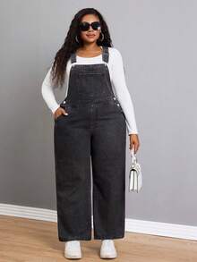 Black Denim Pocket Elegant Jumpsuit Daily Plus Size Casual Outfit For Women Long Pants Straight Leg Jeans Summer Outfit