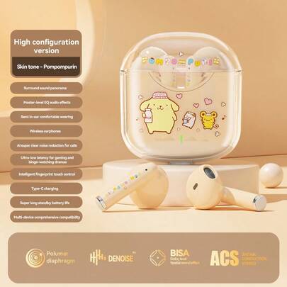 Sanrio Semi-In Ear Wireless Bluetooth Earbuds Official Licensed Cute Cartoon Headphones With Long Battery Life HiFi Sound Quality, Cute Aesthetic Earphones For Daily Use Gift Ideas For Everyone