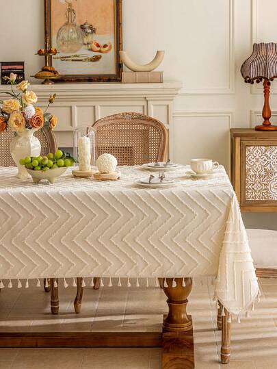 1pc Minimalist Beige Tablecloth, 3D Geometric Wavy Cutout Design With Beige Floral Lace Trim, Washable, Suitable For Dining Table, Dresser, Home Decor, Parties, Holidays, Hotels, Indoor & Outdoor Use, Autumn/Winter