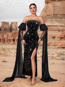 Women's Strapless Heavily Beaded & Embellished Velvet Mermaid Maxi Dress, Elegant Long Formal Gown For Multiple Occasions - Black - View 6