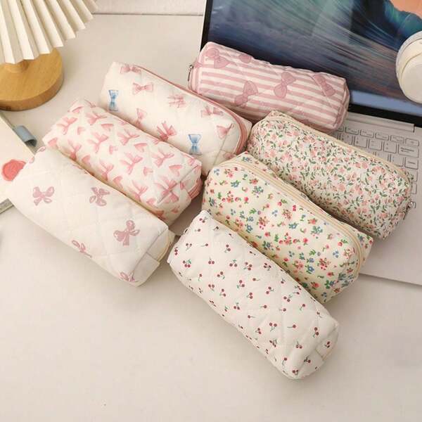Fresh Bowknot Floral Print Pen Bag Cute Large Capacity Storage Bag Portable Multifunctional Cosmetic Bag Stationery Organizer