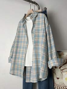 YUXIN 复古蓝色格子长袖时尚宽松女士衬衫，独特设计，秋季