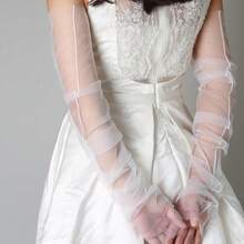 1 套/2 件新娘象牙色（更像白色）露肩系带披肩连衣裙，网眼臂套，无肩带，胸围最小 100 厘米，柔软单层薄纱新娘和伴娘晚礼服袖子配饰女士秋装 - 米色 - 查看 4