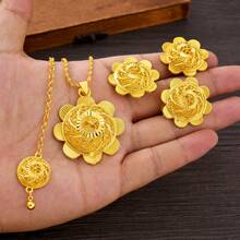 Golden Color Jewelry Set, Vintage Beautiful Jewelry For Women - Pendant Necklace, Earrings, Ring, Headchain, Hairpin, African Eritrean Bridal Wedding Luxury Accessories