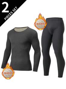 Set de lenjerie termică pentru bărbați, 2 buc., bluză cu mânecă lungă + pantaloni, guler rotund, toamnă/iarnă - Gri inchis - Vizualizare 1