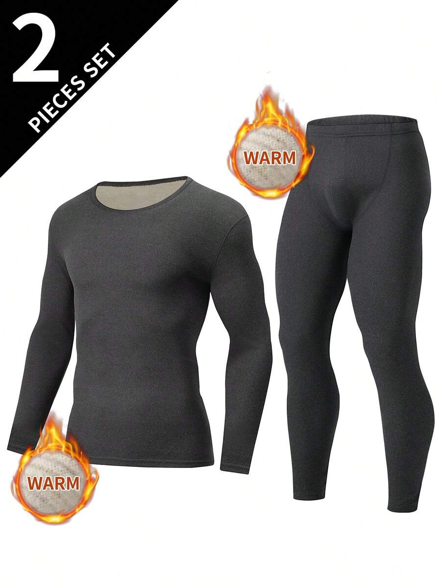 Set de lenjerie termică pentru bărbați, 2 buc., bluză cu mânecă lungă + pantaloni, guler rotund, toamnă/iarnă - Gri inchis - Vizualizare 1