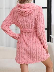 1 件女士纯色罗纹和服长袍，简约系带睡衣浴袍，春/秋/冬 - 粉色 - 查看 3