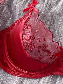 2-Piece Valentine's Day Women's Classic Sexy Red Bow & Floral Embroidered Lace Sheer Lingerie Set - Burgundy - View 4