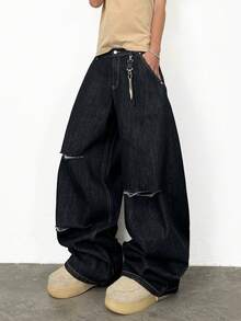 1pc Fashionable Loose Fit Distressed Embroidered Denim Jeans, Versatile Streetwear Style Casual Pants For Men, All Season - màu đen - Xem 8