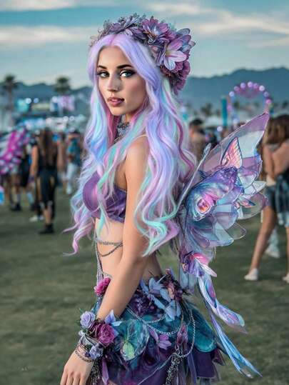 彩虹色长卷发假发，中分，波浪混色合成假发，独角兽风格，适合万圣节派对角色扮演