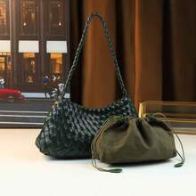 2025夏季新款编织单肩包女通勤包法棍包时尚新款母子包腋下包 - 墨綠色 - 查看 10