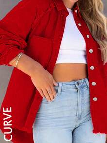 Áo khoác denim dáng rộng tay dài, cài khuy đơn, viền tua rua cỡ lớn dành cho nữ - Đỏ - Xem 9