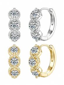 XUJIA 1pair Retro Classic Moissanite Hoop Earrings For Women 925 Sterling Silver 3mm(0.10ct*6pcs) Round Cut Moissanite Earrings Birthday Anniversary Engagement Wedding Jewelry Gifts
