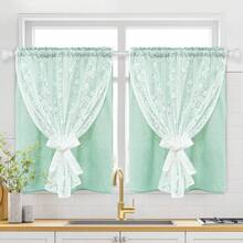 Linen Kitchen Tier Curtains 36 Inch Length, Double Layer Kitchen Curtain 2 Panel Sets Rod Pocket Short Window Curtains With Tiebacks, Rustic Window Treatments For Bathroom Cafe, Light Green - LightGreen26Wx36LPackof2 - View 2