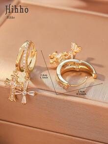 Hihho 1 Pair Vintage Copper Double Cross Hoop Earrings, Elegant & Fashionable Earrings For Women - Cross - View 5