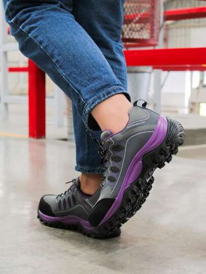 Tenis de seguridad industrial para mujer SA703 color gris con detalles morados antideslizantes y punta reforzada  Al aire libre    Fibra Sintética    ANUDADO    Casa  Exterior  Oficina