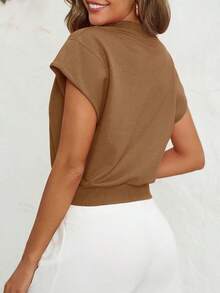 Womens Crop Top V Neck Cap Sleeve Casual Loose Fit Summer T Shirt - 棕色 - 查看 4