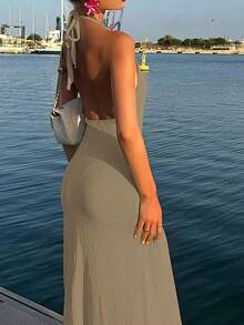 性感露背优雅罩衫连衣裙 - 女士春夏休闲沙滩度假纯白色V领侧开衩修身针织长裙，沙滩度假装扮，简约复古风，花卉图案随机分布 - 卡其色 - 查看 4