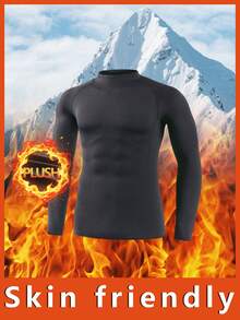 Men's Thermal Underwear Tops, Pure Black Long-Sleeved Round-Neck Tops, Thermal Base Shirts, Velvet Thickened In Autumn And Winter, Fleece Tights, Sportswear, High-Elastic Fitness Clothing Tops, Running Training Clothing Tops, Cycling Clothing Tops - 黑色 - 查看 1