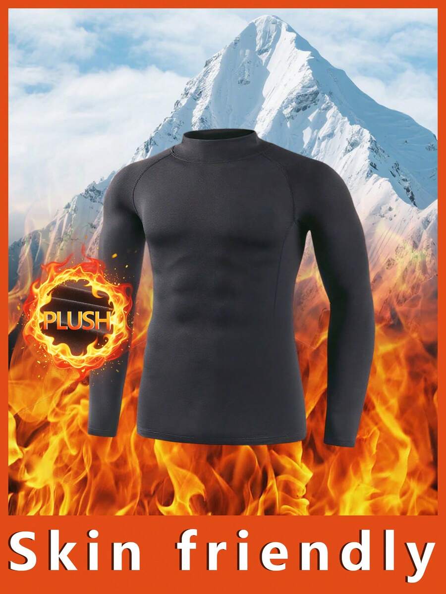 Men's Thermal Underwear Tops, Pure Black Long-Sleeved Round-Neck Tops, Thermal Base Shirts, Velvet Thickened In Autumn And Winter, Fleece Tights, Sportswear, High-Elastic Fitness Clothing Tops, Running Training Clothing Tops, Cycling Clothing Tops - 黑色 - 查看 1